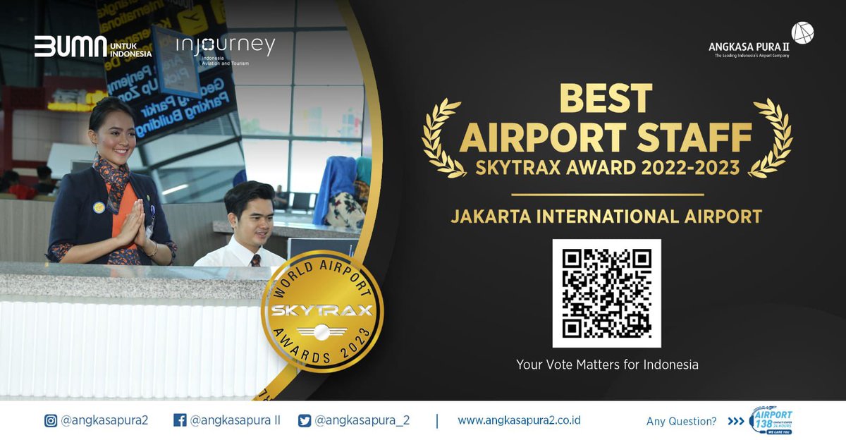 AP2_DTB's tweet photo. Mari harumkan nama Indonesia dalam ajang penghargaan Skytrax Award 2022-2023.Scan Barcode banner berikut sesuai kategori atau klik link berikut dan pilih sesuai kategori.
https://t.co/kpmMWrlNwy
1. World Best Airport
2. Best Airport Staff
3. Covid-19 Airport Survey https://t.co/2l2MC6iYyQ