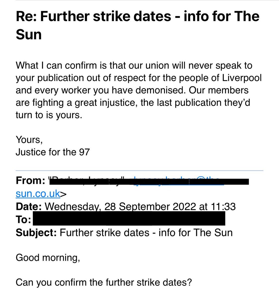 It doesn’t matter how hard we are working to get media coverage for our members - we will never, ever speak to The S** 

Solidarity to the City of Liverpool. Justice for the 97. 

#J4T97