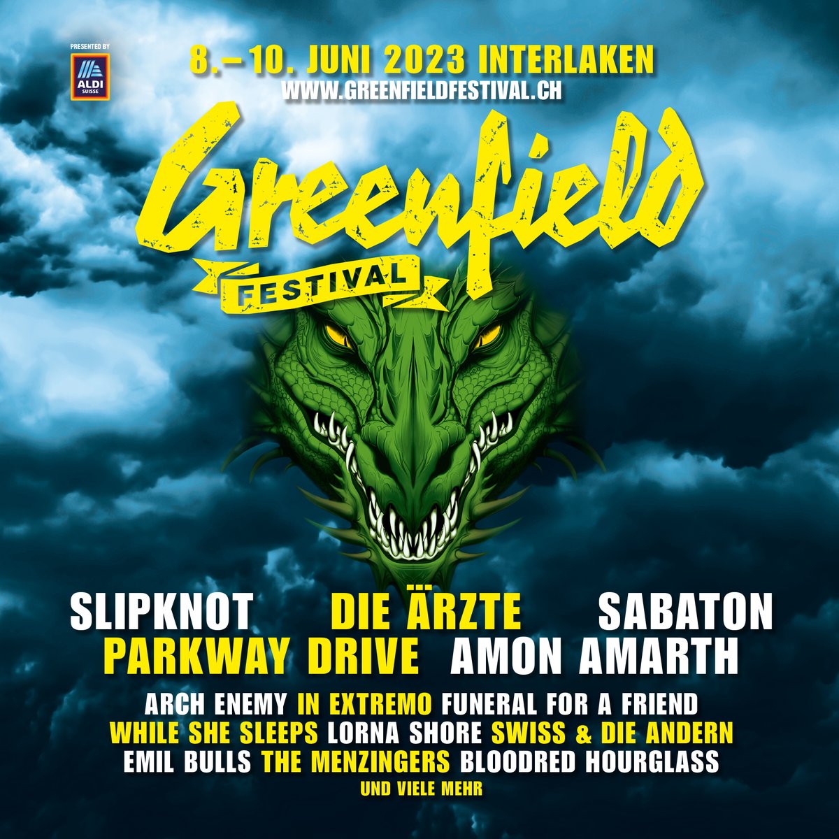 Mit SLIPKNOT, DIE ÄRZTE, SABATON, PARKWAY DRIVE und AMON AMARTH kann es gar nicht lauter und härter werden nächstes Jahr als in Interlaken!
9 weitere Bands werden ebenfalls die Bühnen am GF2023 abreissen.
Early Bird Tickets bis 01.10.2022 - 12.00 Uhr
#gf2023 #greenfieldfestival