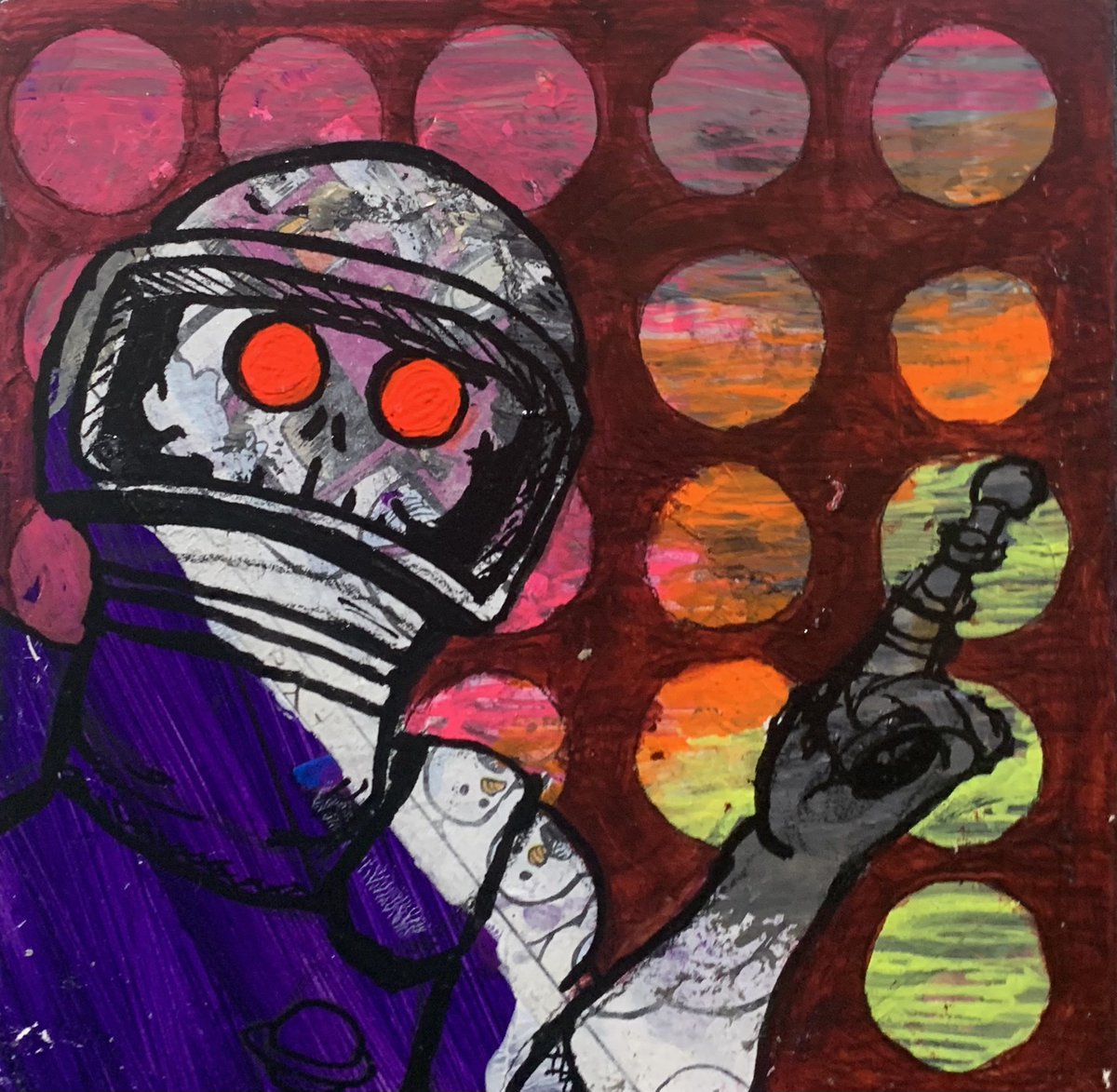 AnthonyContini's tweet photo. “Spooky Ranger” 6”x6” Mixed Media on woodblock #continiart #art #ohio #artist #mixedmedia #space #skeleton https://t.co/OPGQQmvolA