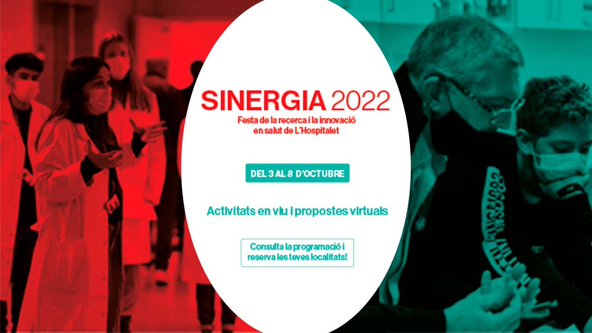 Cada vegada ho tenim més a prop!😉 
Del 3 al 8 d'octubre arriba la 4a edició #SinergiaLH, la festa de la recerca i la innovació en salut de L’Hospitalet🎊🔬
Ja pots consultar totes les activitats en viu i les propostes virtuals per a totes les edats: bit.ly/3ULTNsg