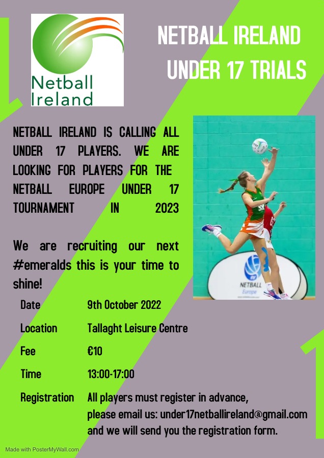 Netball Ireland (@netballireland) on Twitter photo 🇮🇪U17 Netball Ireland Trials🏐
📅 1-5pm 9 October 2022
📍Tallaght Leisure Centre
☘️ Eligible players must be 16 years of age or younger on 31/12/2022
Contact: under17netballireland@gmail.com to register in advance 🇮🇪U17 Netball Ireland Trials🏐
📅 1-5pm 9 October 2022
📍Tallaght Leisure Centre
☘️ Eligible players must be 16 years of age or younger on 31/12/2022
Contact: under17netballireland@gmail.com to register in advance
