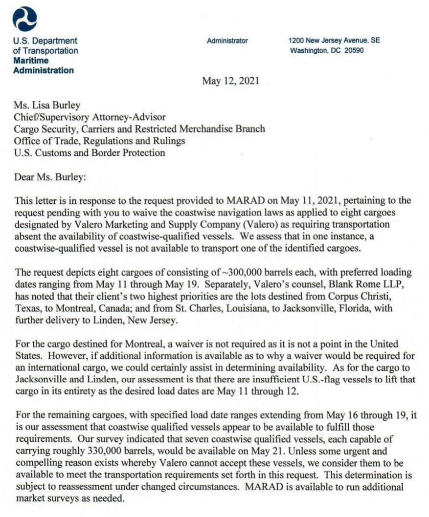 scottlincicome's tweet photo. Hmm. Last year, during the colonial pipeline outage, it took DHS just a day to issue 2 different Jones Act waivers were for fuel. https://t.co/nWDZXhgQ5X