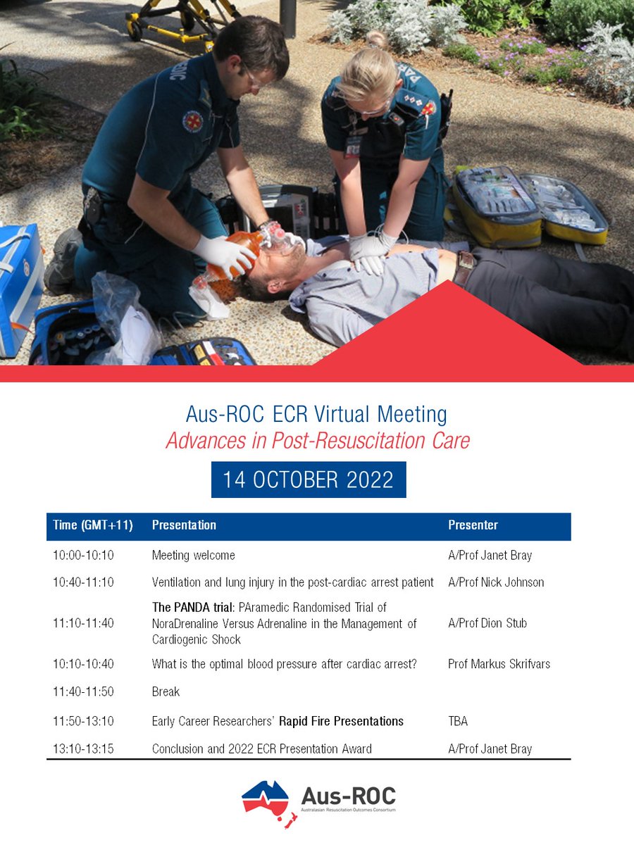 ACParamedicine's tweet photo. Next fortnight the Australian Resuscitations Outcomes Consortium (Aus-ROC) will livestream a free seminar on Advances in Post #Resuscitation Care. 

To book a virtual seat at this October 14 event visit https://t.co/kqIHgdj2cx @aus_roc https://t.co/5Hr4bD2aEy
