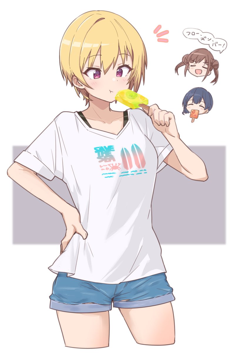 saijo juri ,sonoda chiyoko multiple girls shorts food blonde hair chibi inset shirt eating  illustration images