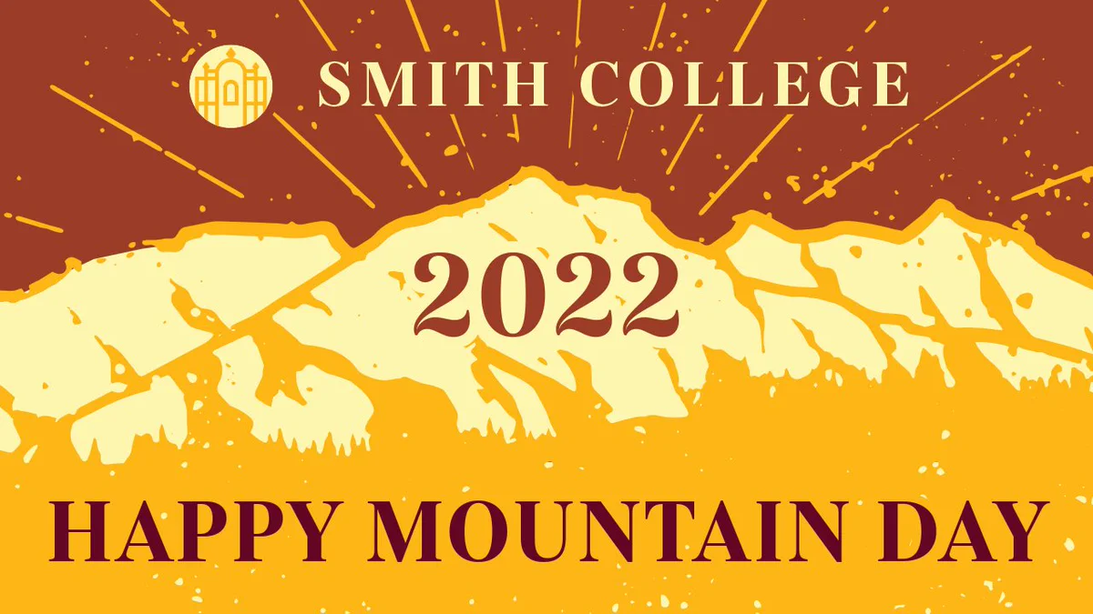 Red and yellow logo with Smith College 2022 Happy Mountain Day