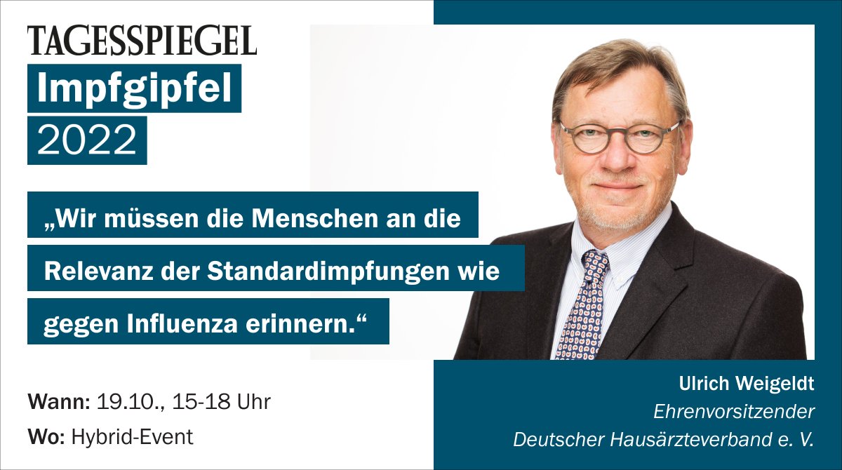 "Mit einer deutlichen Steigerung der Impfquoten könnten wir der anstehenden Grippesaison wesentlich entspannter entgegensehen“, sagt Ulrich Weigeldt.
Wie erreichen wir höhere Impfquoten? Jetzt anmelden und mitdiskutieren beim Tagesspiegel Impfgipfel 2022.👉bit.ly/Impfgipfel22