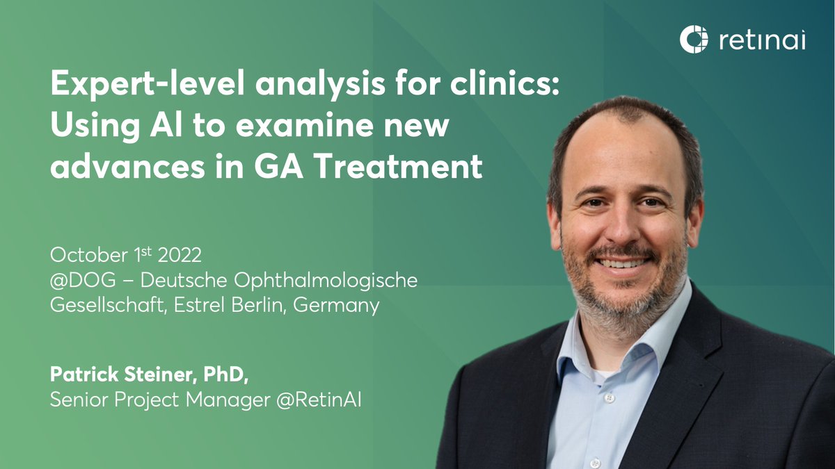 Retin_AI's tweet photo. We will in the #DOG2022 in #Berlin! From 29.09 to 02.10 come see us & #Heidelberg #AppWay presenting clinical benefits of our Disease Apps for Geographic Atrophy (#GA) segmentation & prediction– Die Zukunft der ophthalmologischen Diagnostik- on Oct 1st with Patrick Steiner🚀#AI https://t.co/XyNiYfTvN8