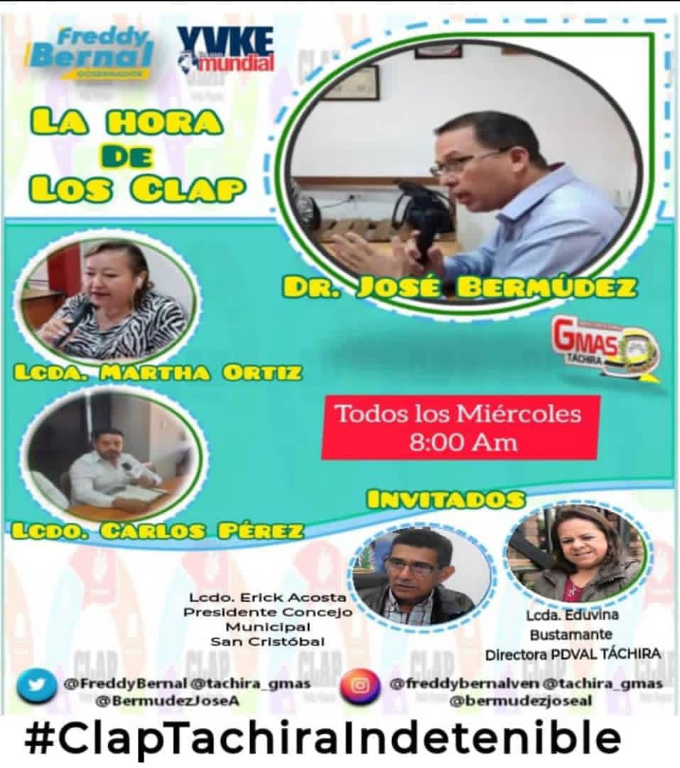 Hoy #Miércoles #28Sept Sintoníza la 94.5 FM <a href="/YvkeTachira/">Yvke Tachira</a> 8am "La Hora de los Clap" con la Lcda. <a href="/EduvinaTachira/">Eduvina Bustamante</a> Directora de #PdvalTachira y el Lcdo. Erick Acosta Pte. del Concejo Municipal de San Cristóbal
¡No te lo pierdas!
#ClapTachiraIndetenible
<a href="/FreddyBernal/">Freddy Bernal</a>
<a href="/LealTelleria/">M/G Carlos Leal Tellería</a>