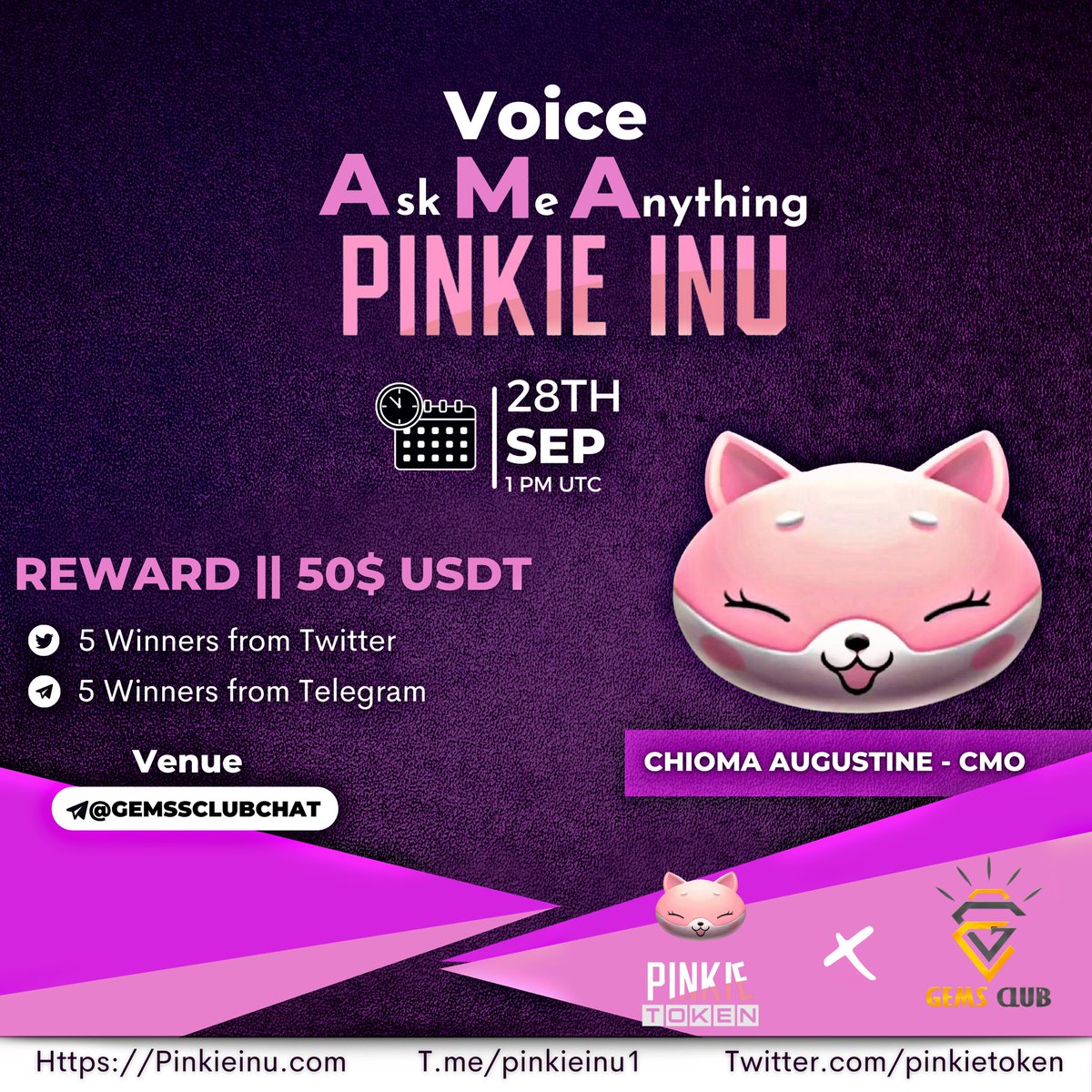 📢 We're glad to announce that our next #AMA with <a href="/pinkietoken/">PINKIE</a> is on 28th Sep at 1:00 PM UTC

💰 Reward Pool:100$
💎 Venue: t.me/gemssclubchat
💎 Rules:
✅ Follow @ClubofGems &amp; <a href="/pinkietoken/">PINKIE</a> 
✅ Like &amp; Retweet
✅ Comment Questions &amp; Tag 3 Friends with BEP20
