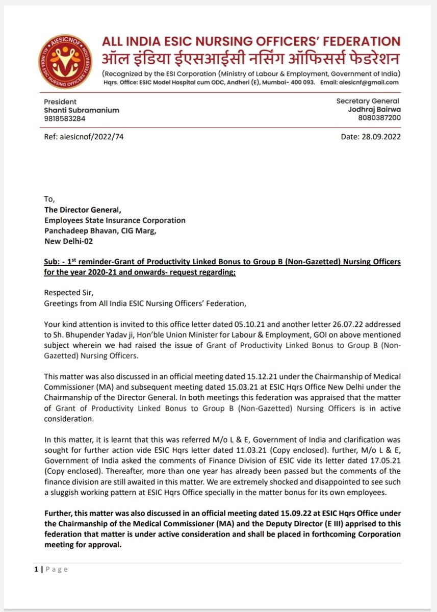 aiesicnf's tweet photo. Reminder submitted to the Respected DG @esichq regarding grant of Productivity Linked Bonus to Group B (Non-Gazetted) Nursing Officers in #ESIC.
Looking forward to an urgent intervention from @esichq.

@esichq 
@LabourMinistry 
Sh. @byadavbjp ji
Sh. @Rameswar_Teli ji
@jodhraj09 https://t.co/m7vEfIl8wY