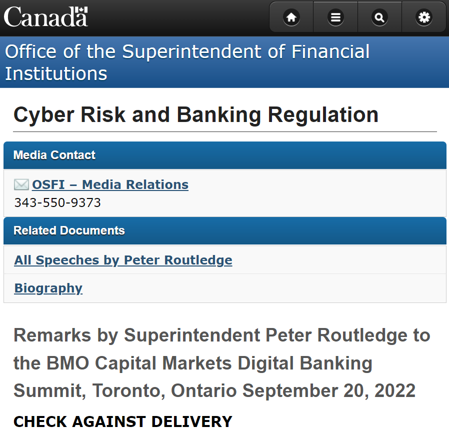 _jrosenberg's tweet photo. Superintendent Peter Routledge, "Cyber Risk and Banking Regulation," September 20, 2022.

— Available here: https://t.co/QTP2p4IwXb

#digitalassets #stablecoin #banking #regulation #riskmanagement #cyberrisk #technologyrisk #thirdpartyrisk #financialstability #Canada #OSFI https://t.co/ieWIAkfx3z