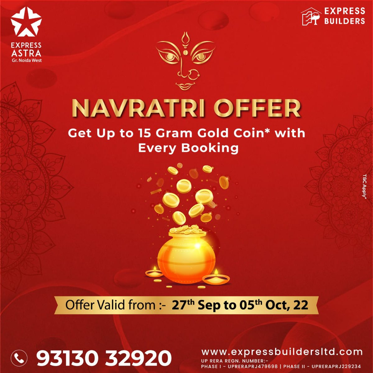 ExpressBuildrs's tweet photo. Book Your Dream Home during #Navratri and get up to 𝟏𝟓 𝐆𝐫𝐚𝐦 𝐆𝐨𝐥𝐝 𝐂𝐨𝐢𝐧* with every booking.

Call now for more info: +91 93130 32920
.
.
#ExpressAstra  #Developer #4BHK #3BHK #Home #Apartment #PropertyinNoidaExtension #PropertyinNoida #ExpressBuilders #ExpressGroup https://t.co/N8M1I6PWNP