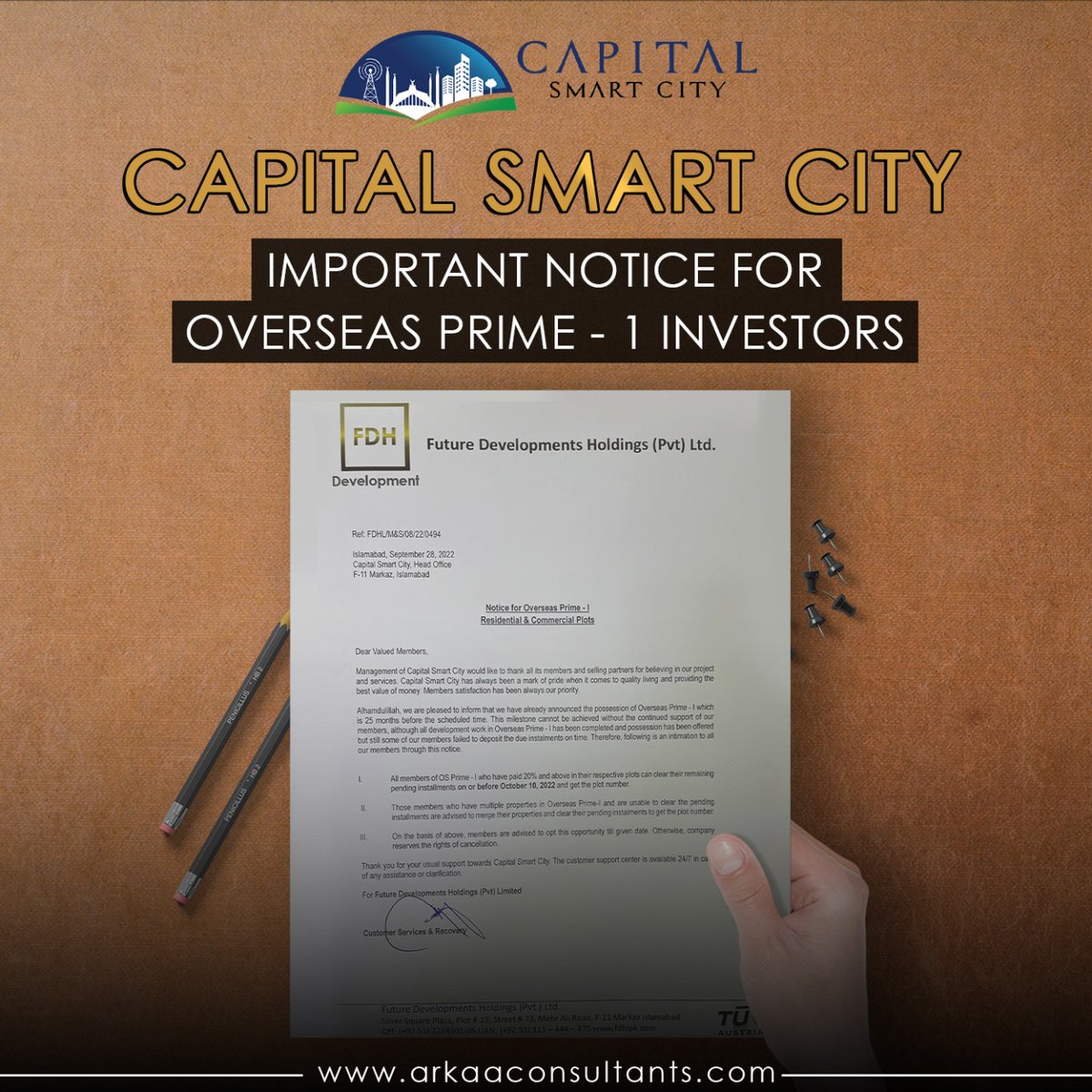Arkaaconsultant's tweet image. IMPORTANT!

There are some members who haven't paid some instalments, Therefore we request you all to clear your dues before date or else capital smart city reserves the right of cancellation.

#arkaaconsultants #capitalsmartcity  #importantnotification #overseasprime