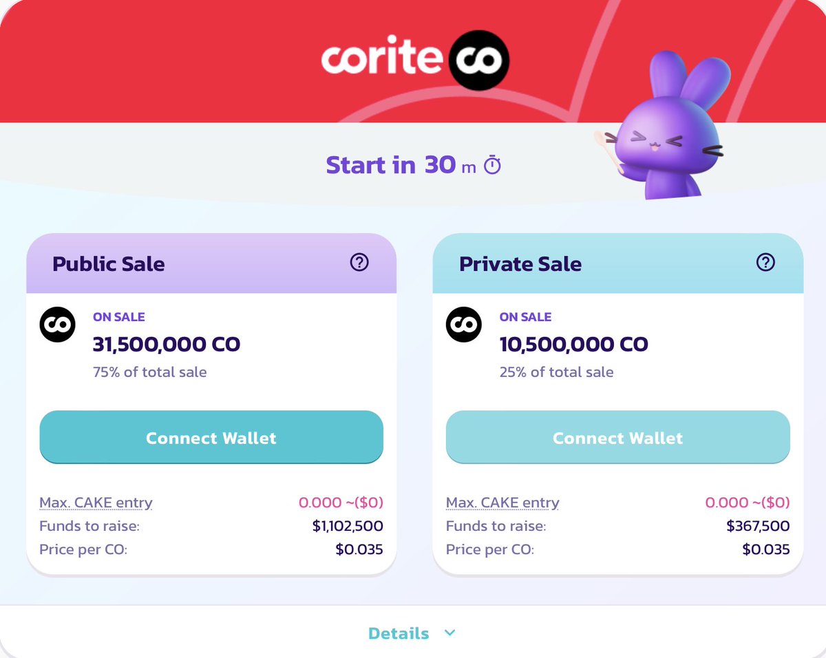 🎶🐰 The Corite #IFO is going live in ~30 mins!

🛍️ Check out the IFO page: pancakeswap.finance/ifo

🥞 iCAKE and locked CAKE cannot be used to buy tokens in the IFO, so you would need a separate amount of CAKE in your wallet.

(Actual start time depends on block time)