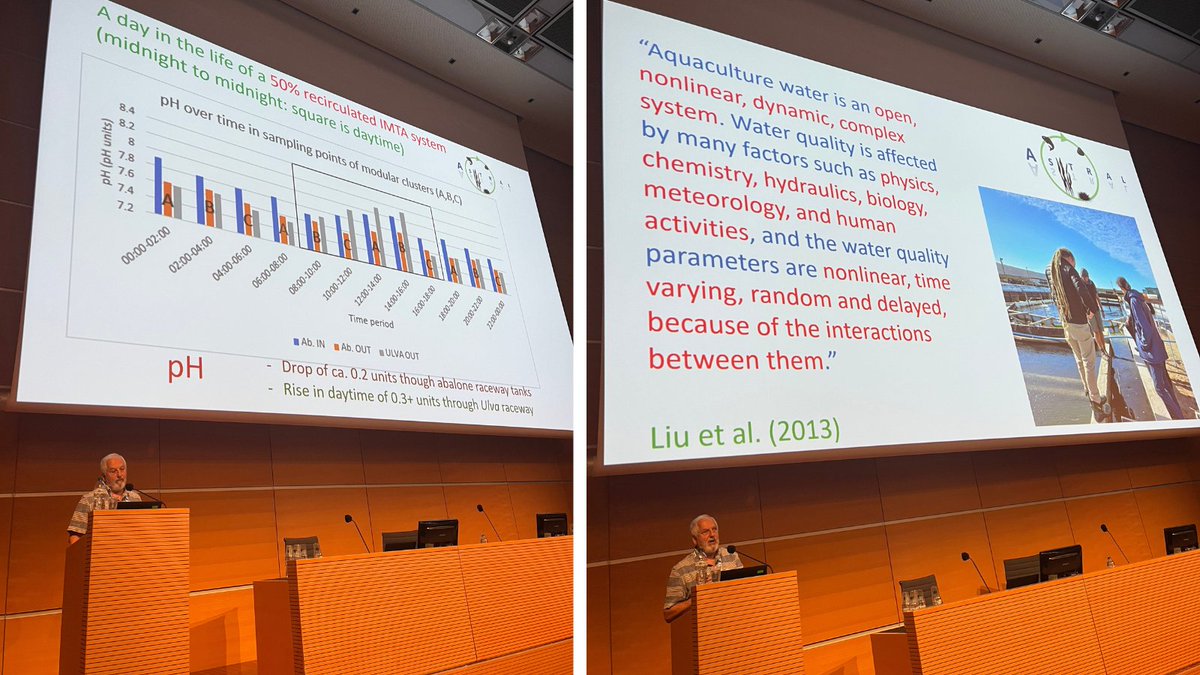 ASTRAL_H2020's tweet photo. Great presentation from John Bolton (@UCT_news) at #AE22RIM this morning!👏

➡️ Daily rhythms of critical #WaterQuality parameters in commercial land-based, partially recirculated #abalone / #ulva integrated aquaculture systems, &amp; the potential for increasing recirculation rates https://t.co/k7WC9YX0o2