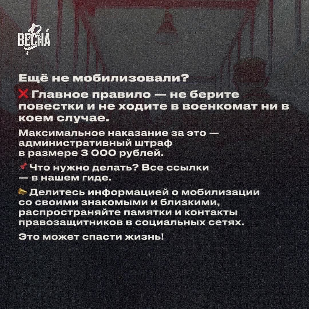vesna_democrat's tweet photo. Не дайте вашим родным, близким и знакомым попасть на фронт и умереть, расскажите им, что:

❌ Главное правило — не брать повестки, не ходить в военкомат ни в коем случае. Максимальное наказание за это — административный штраф в размере 3 000 рублей. 

5/7 https://t.co/7fhwMEkfAL