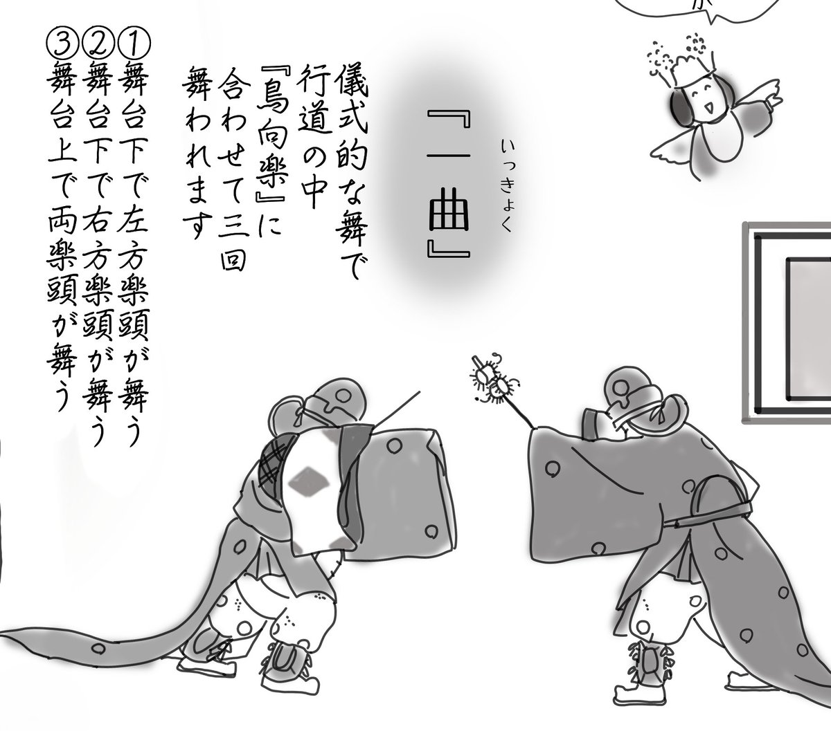 その大行道の途中、舞台下と舞台上で舞楽「一曲」が舞われました。絵にのようにユニークな所作があります。珍しい舞楽ですが、私は南都楽所さん(東大寺、法隆寺の舞楽法要)や、厳島神社でもたびたび拝見しました。#一曲  #聖霊会 
