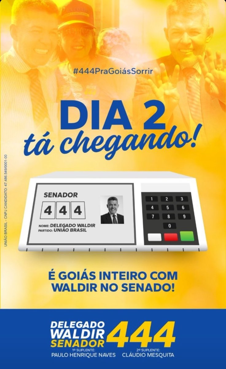 _delegadowaldir's tweet photo. Tá chegando, meu povo!!! São 4 dias para você botar 4️⃣4️⃣4️⃣ na urna.

Honestidade e coragem no Senado só com Delegado Waldir. 

Uma quarta-feira abençoada a todos. https://t.co/xUITZcWHWh