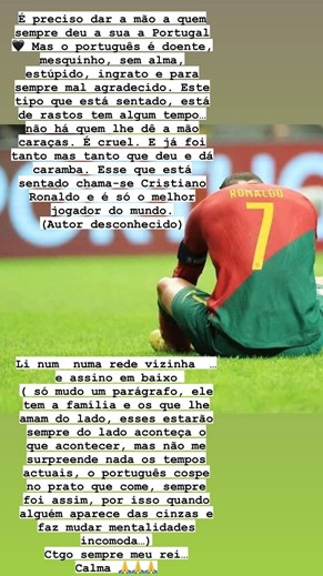 Kátia Aveiro defende Ronaldo: "É preciso dar a mão a quem sempre deu a sua por Portugal. Mas o português é doente, mesquinho, sem alma, estúpido, ingrato e para sempre mal agradecido."