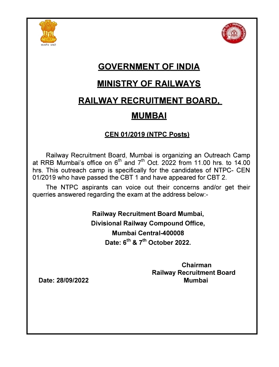 Railway Recruitment Board, Mumbai (@Rrbmumbai) / X