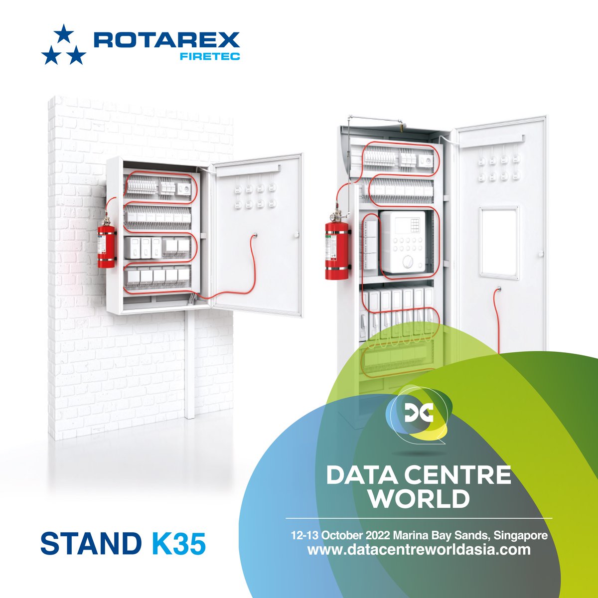 RotarexFiretec's tweet photo. Only 2 weeks until Data Centre World Asia (12-13 Oct.) ! Will you be there? Be sure to stop by our 📍 booth K35 to meet our local sales team ! Don't miss our UL/FM- certified systems for electrical cabinets &amp; our UL/FM/VdS- approved systems with silent nozzles for server rooms https://t.co/eKDpbYqekV