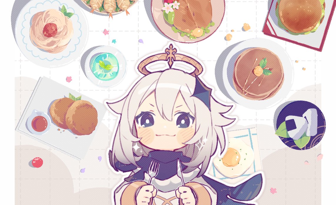 paimon (genshin impact) 1girl halo food fork white hair knife holding knife  illustration images