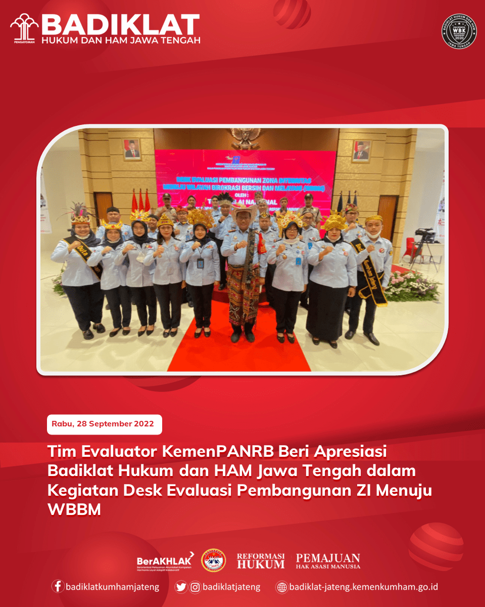 bapelkumsmg's tweet photo. Tim Evaluator KemenPANRB Beri Apresiasi Badiklat Hukum dan HAM Jawa Tengah dalam Kegiatan Desk Evaluasi Pembangunan ZI Menuju WBBM

https://t.co/KwyGpZzLVr https://t.co/FlfX8GorAz