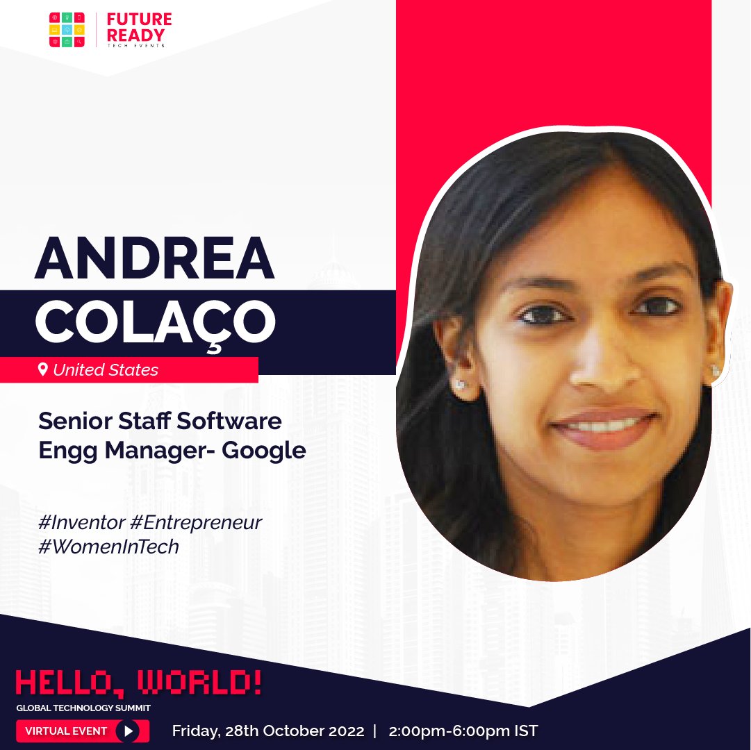 frtechevents's tweet photo. #FiresideChat #SpeakerAnnouncement #HW2022
Let's hear it from Andrea ColaΓ§o, Senior Staff Software Engineering Manager - Google from the United States.
#Inventor #Entrepreneur #WomenInTech #AreYouFutureReady #HelloWorld2022 #Technology #GlobalTechSummit https://t.co/ZmXxqWNxBy