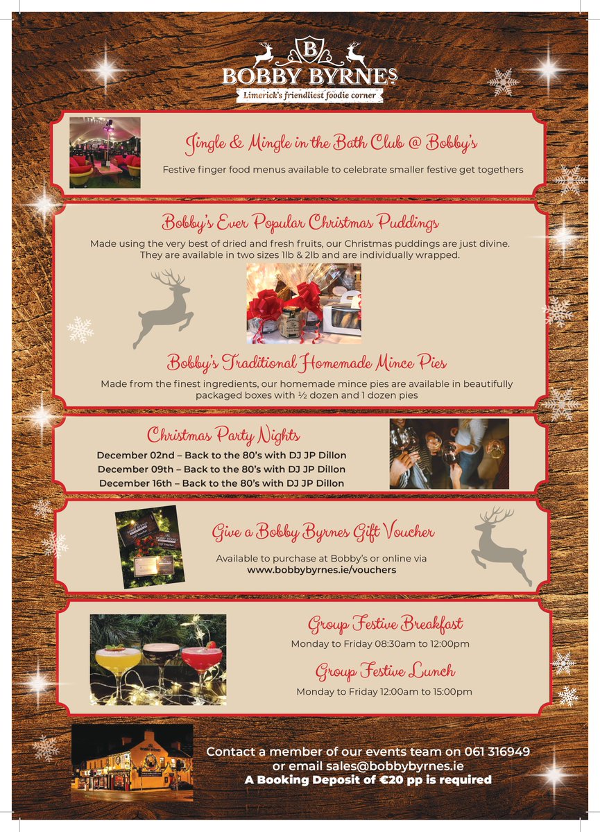 Yes, it's that time of the year again 🎅🎄🎅🎄🎅 Time to start planning your Office Christmas Parties, Festive Family and Friends nights out! 🎀At Bobby's, we have it all wrapped up in a bow🎀 ‍🎄Call our events team now on 061 316949 or email sales@bobbybyrnes.ie ‍🎄