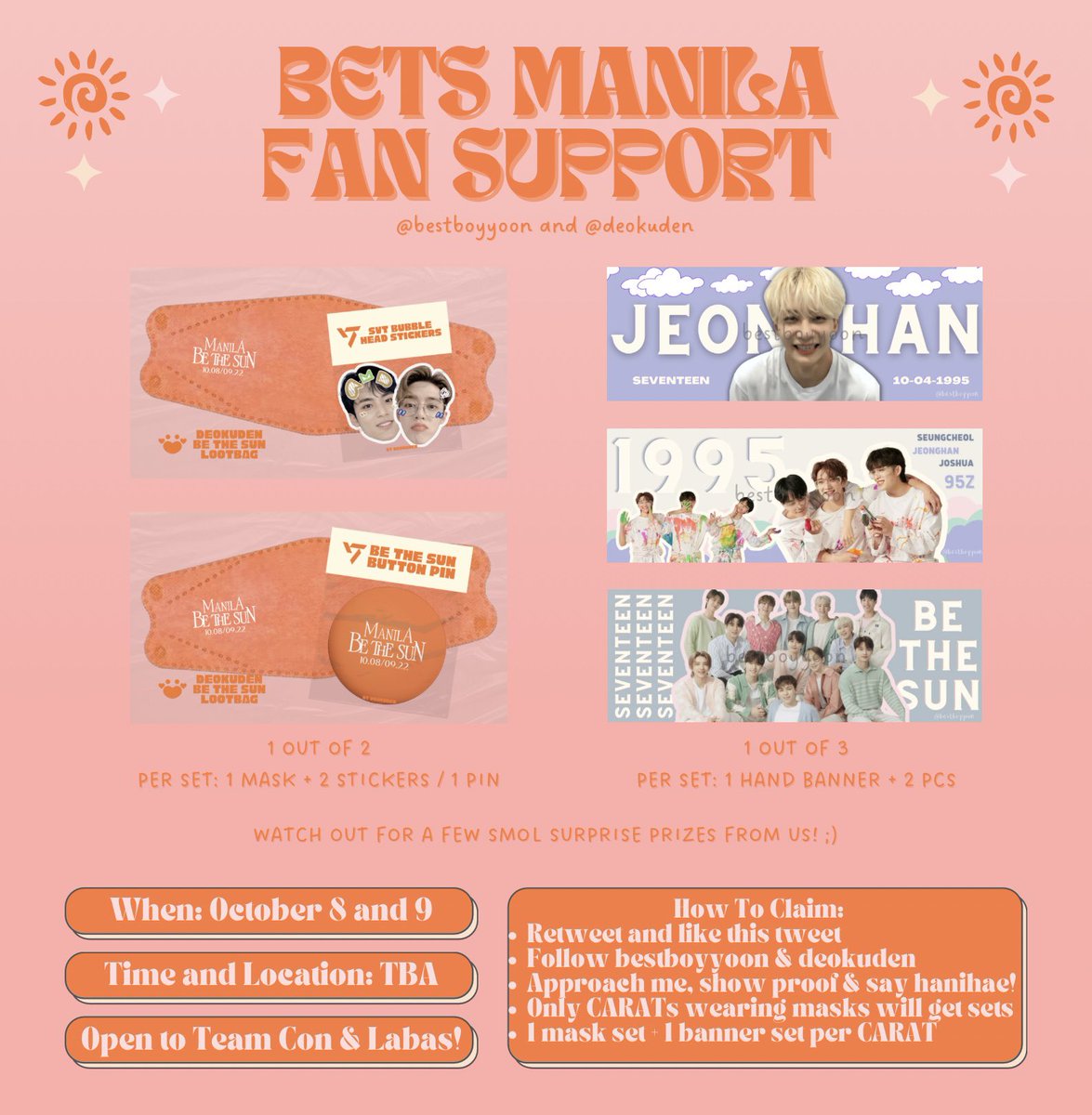 bestboyyoon's tweet photo. ☀️ @pledis_17's BE THE SUN MANILA FAN SUPPORT ☀️

– by @bestboyyoon and @deokuden 
– We'll be giving away mask + banner sets on October 8 &amp; 9! 👼
– See photo for more info! See you! 🧡
– Help like and RT! ♡

#BeTheSunInMNL #BeTSinMNL #BeTheSunInManila #BeTSInManila #SEVENTEEN https://t.co/yfZhHpvMVx