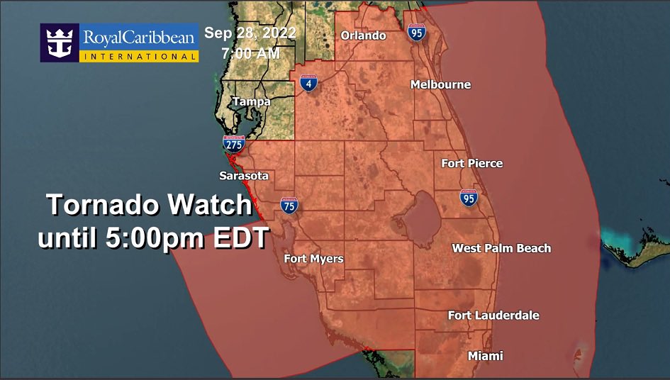 JamesVanFleet's tweet image. Latest on Ian for @RoyalCaribbean Guests / Crew: Ian is just a couple “mph” shy of Cat 5 status. You can make out where the front is that will “nudge” Ian by looking north at the symmetry of the rain line from Palm Coast to Cedar Key. Tornado Watch continues today until 5pm.