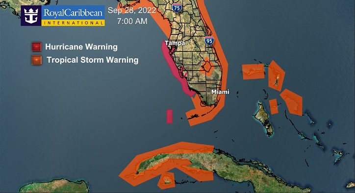 JamesVanFleet's tweet image. Latest on Ian for @RoyalCaribbean Guests / Crew: Ian is just a couple “mph” shy of Cat 5 status. You can make out where the front is that will “nudge” Ian by looking north at the symmetry of the rain line from Palm Coast to Cedar Key. Tornado Watch continues today until 5pm.