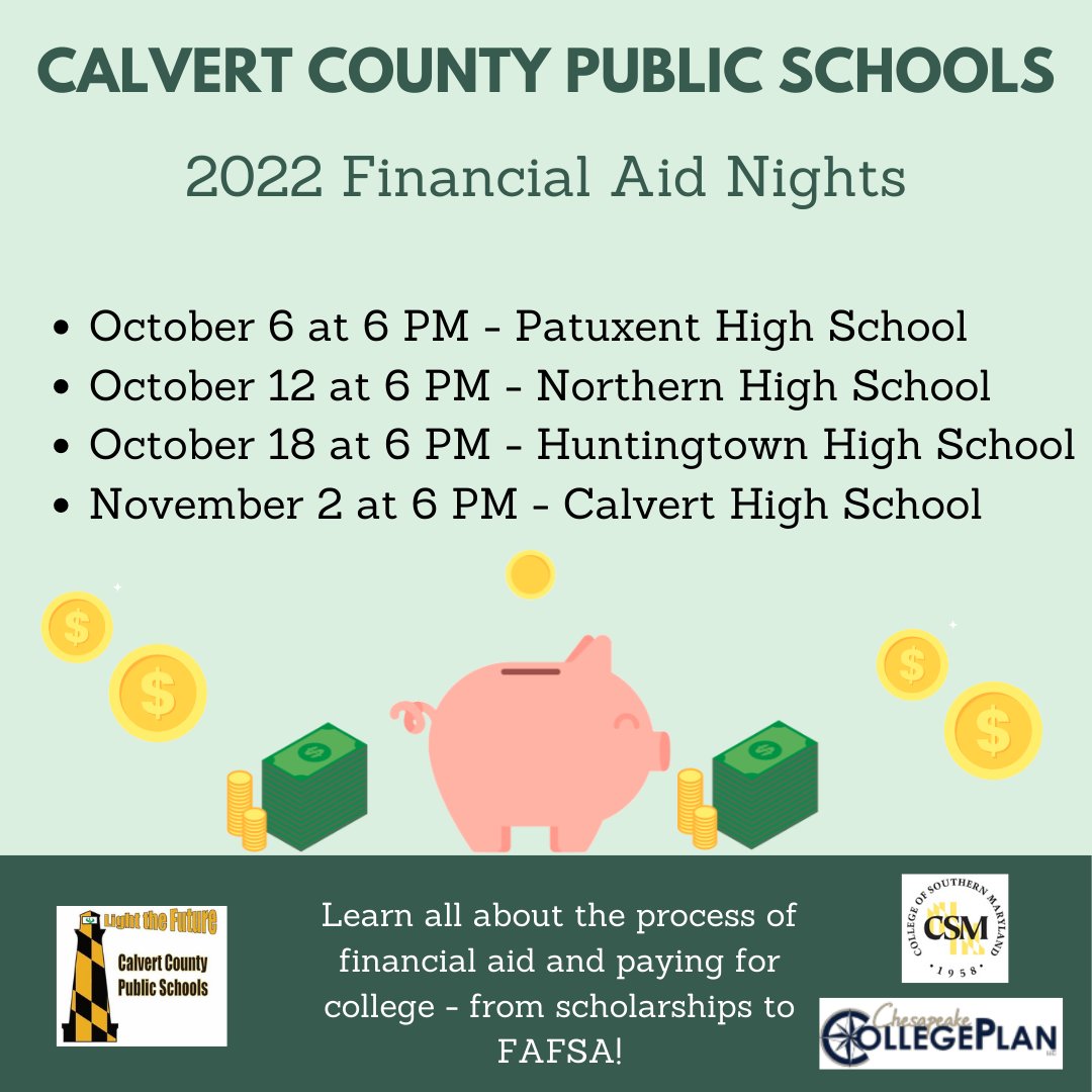 Come out to Patuxent High on October 6th at 6:00 to learn all about Financial Aid for post secondary education!
