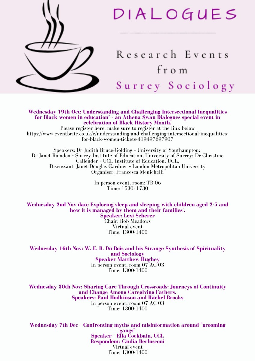 SurreySociology's tweet photo. 👉Here's our fab, exciting line up of research events for #SurreyDialogues for this semester! Most events are  now in-person (do come if you're at @UniOfSurrey @SurreyResearch) - but a couple are online. DM @ProfRanjanaDas if u wish 2 Join us! Link 👉 https://t.co/nHKTzFwB5G https://t.co/J7fU7bu29V