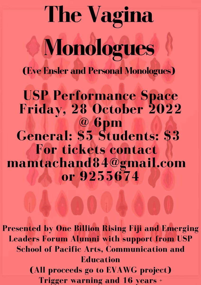 Roshikadeo's tweet photo. Lusty.
Outrageous.
Poignant.
Thoroughly Human.
The Vagina Monologues.
Theater Production.
Friday, 28 October.
Buy your tickets now.
Spread the word. 🙏🏾
#SexTalk #TeamFiji ✊🏾 https://t.co/zCAfsv57KD