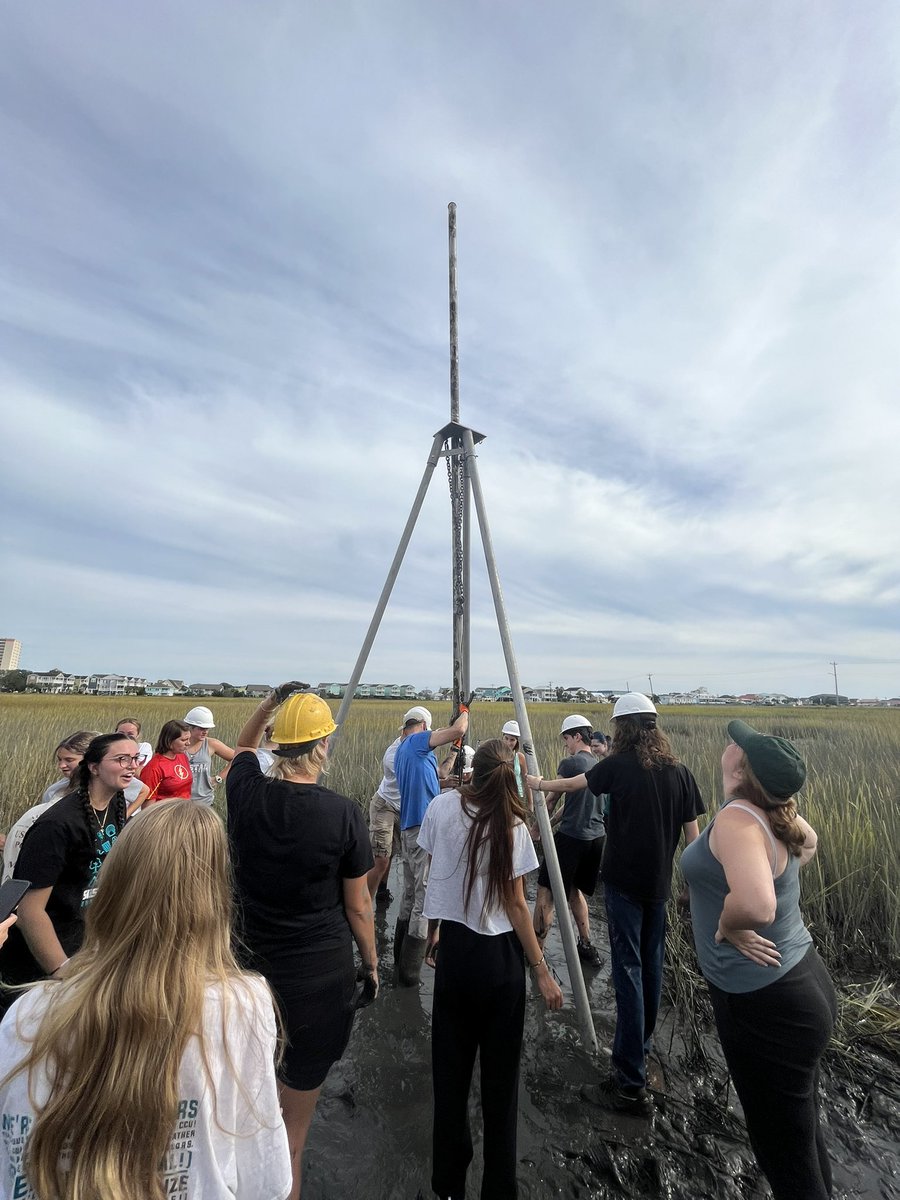 CCUScienceDean's tweet photo. Vibracore part 1: Nothing better than walking though the mud in the barrier marsh with @CCUChanticleers #STEM students and marine science faculty to collect vibracores for their sea level project‼️Stay tuned for part 2‼️#experientiallearning #highimpactpractice https://t.co/WKyInGPt2x
