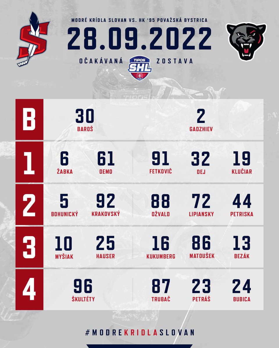 hcslovanba's tweet photo. PREDPOKLADANÁ ZOSTAVA #modre #kridla #hcslovan dnes proti HK 95 Považská Bystrica
#TiposSHL #VerniSlovanu https://t.co/XIrSz5cTnM