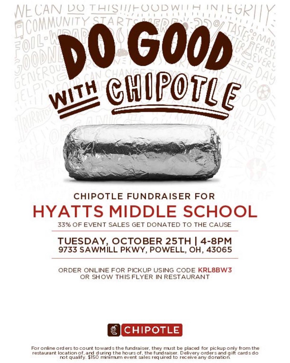HyattsPTO's tweet photo. Save the date for our next Dine &amp; Donate event! Powell Chipotle, 10/25, 4-8pm. 🌯 https://t.co/w45rfDR1Hy