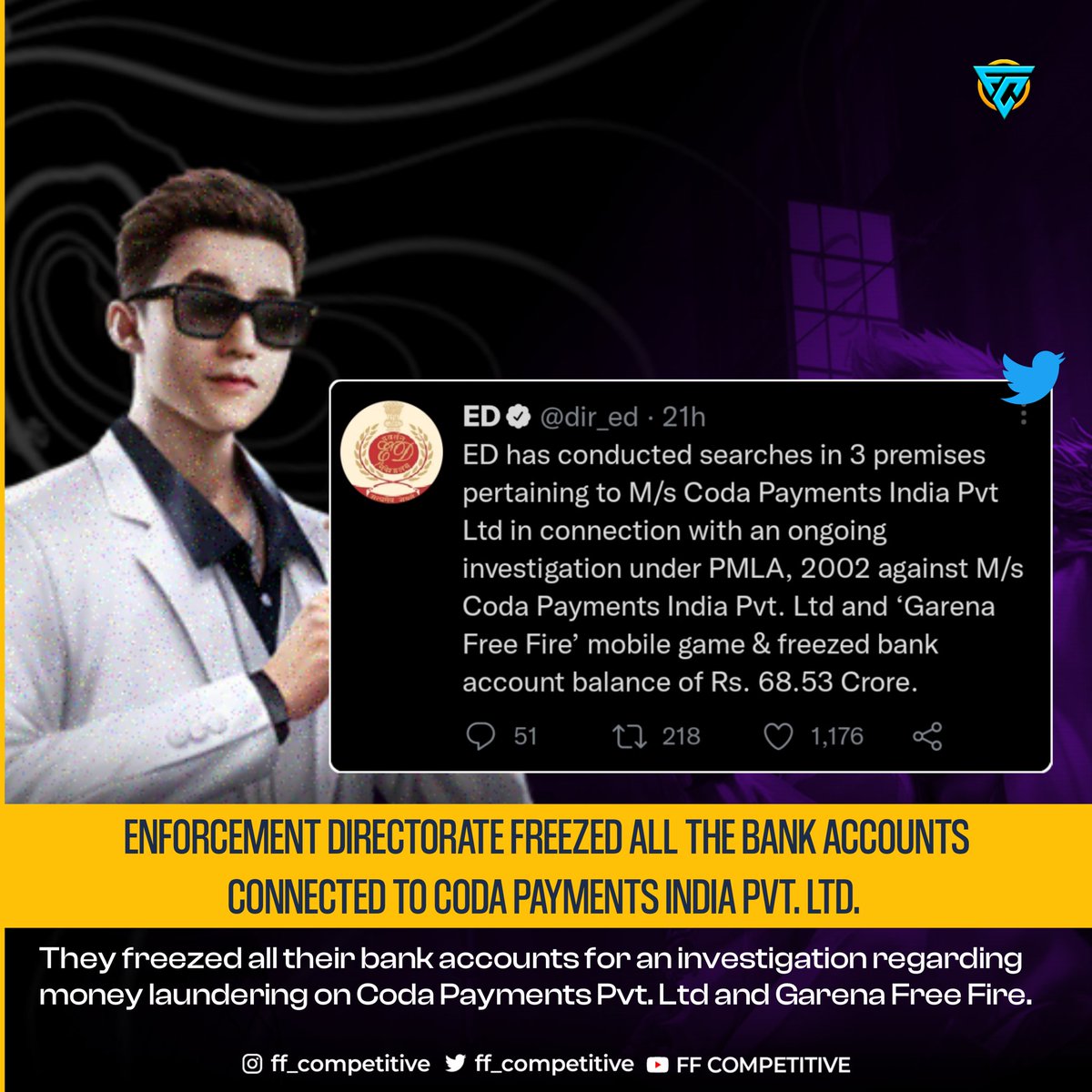 ff_competitive's tweet photo. ED raids Coda offices in money laundering probe involving Free Fire.

ED did investigation into the companies following complaints that the platforms made unauthorised deductions.The ED also froze all Coda's accounts, which had a total balance of ₹ 685.3 million  ($8.40 Mil.) https://t.co/ZFrDUDMj0N
