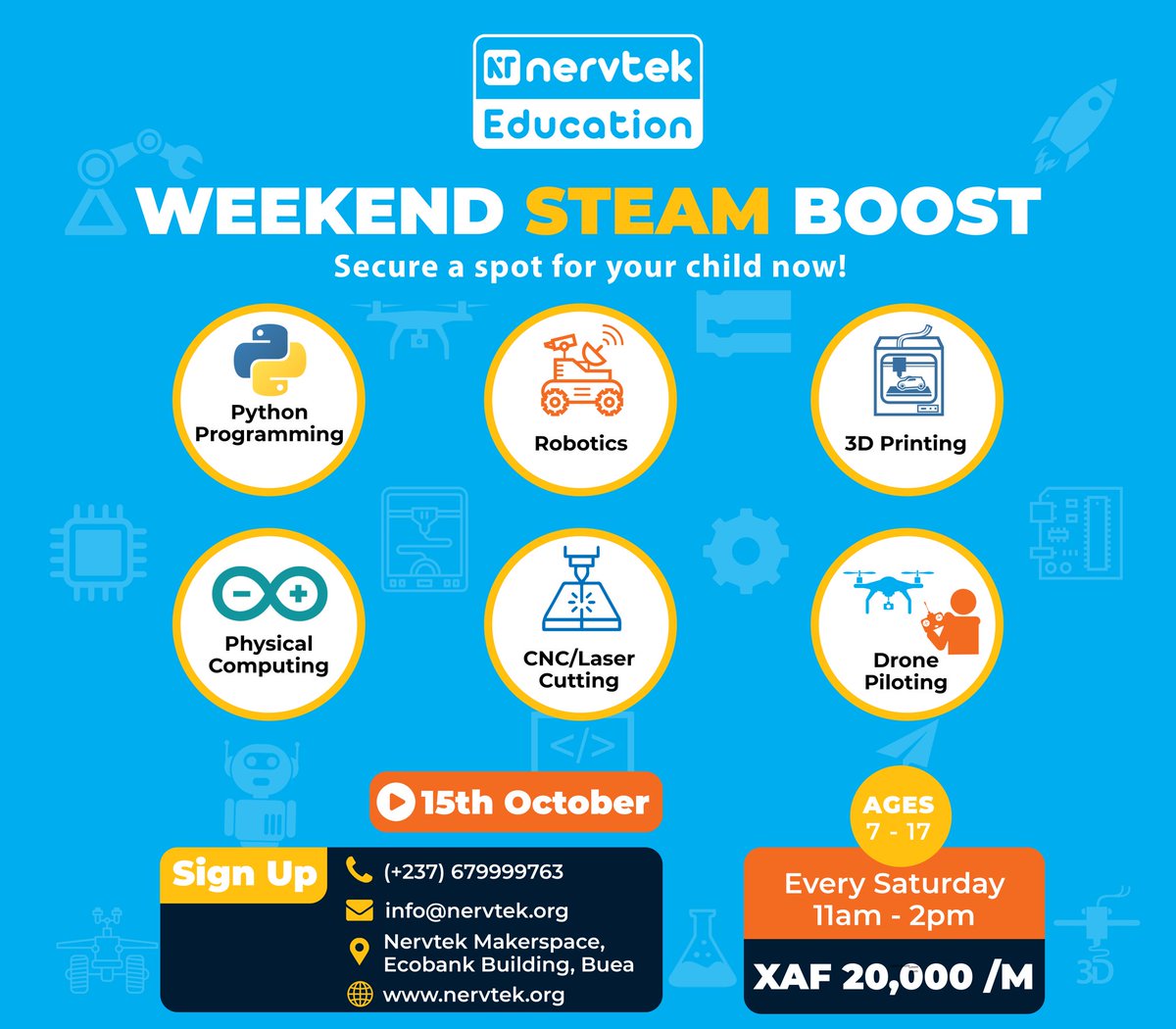 nervtek_cii's tweet photo. Nervtek Education: Weekend STEAM Boost
As a result of the great success we encountered during the #htc22, @NervtekEdu launches the first edition of the Weekend STEAM Boost program.
This non-linear learning program is scheduled to run every weekend starting on October 15th 2022. https://t.co/rV7lC43Ggs