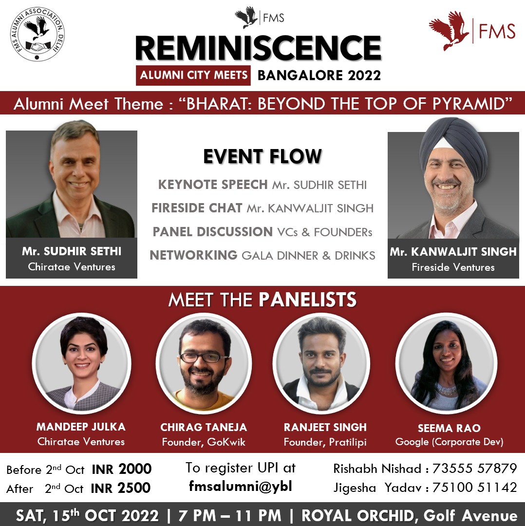 FMSAlumni's tweet photo. We, at Alumni Relations Cell, FMS Delhi are proud to officially launch Reminiscence Bangalore Chapter Meet 2022.
To register kindly fill out the below form:
https://t.co/zqt4geVanH
#AlumniRelations #FMSAlumni #RedBuildingofDreams #ReminiscenceAlumniCityMeets https://t.co/qNxhOkuEOj