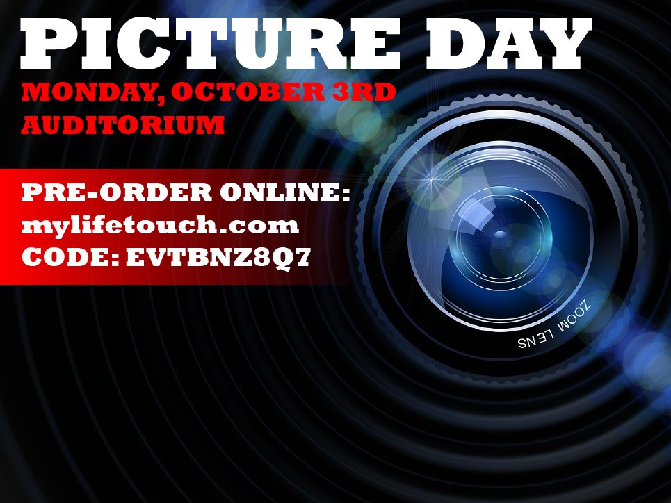 Picture day is coming! On Monday, Oct 3rd, 9-11th graders will report to the auditorium during their allotted time. We strongly encourage you to submit your picture orders beforehand. Otherwise students will need to show up with a completed order form &amp; check payable to Lifetouch