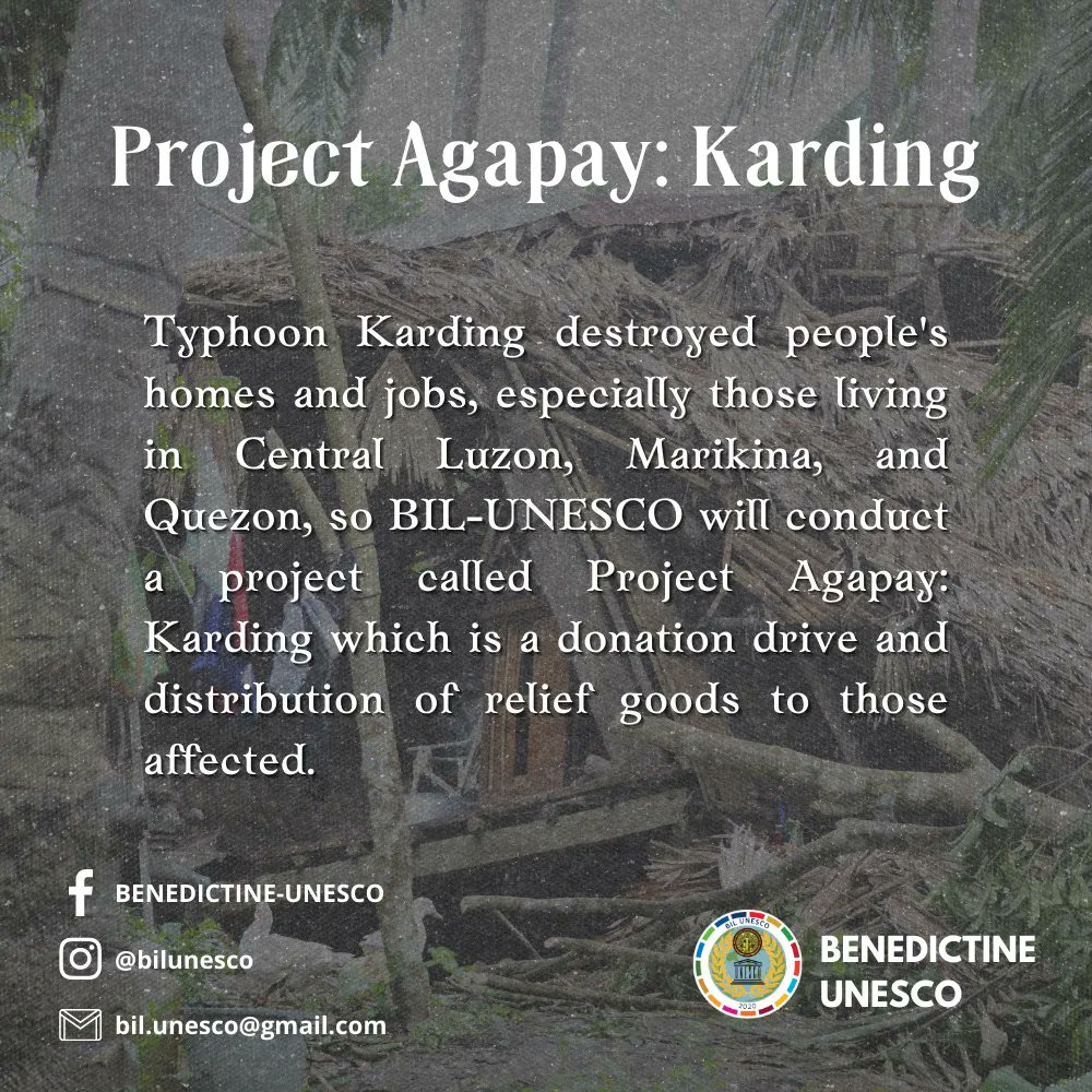 UnescoBil's tweet photo. 🕊️ Greetings of Peace!
🌿 BIL-UNESCO will conduct a project called Project Agapay: Karding which is a donation drive and distribution of relief goods to those affected by Typhoon Karding.
#BILUNESCO
#ProjectAgapay https://t.co/vT9gKwUKpC