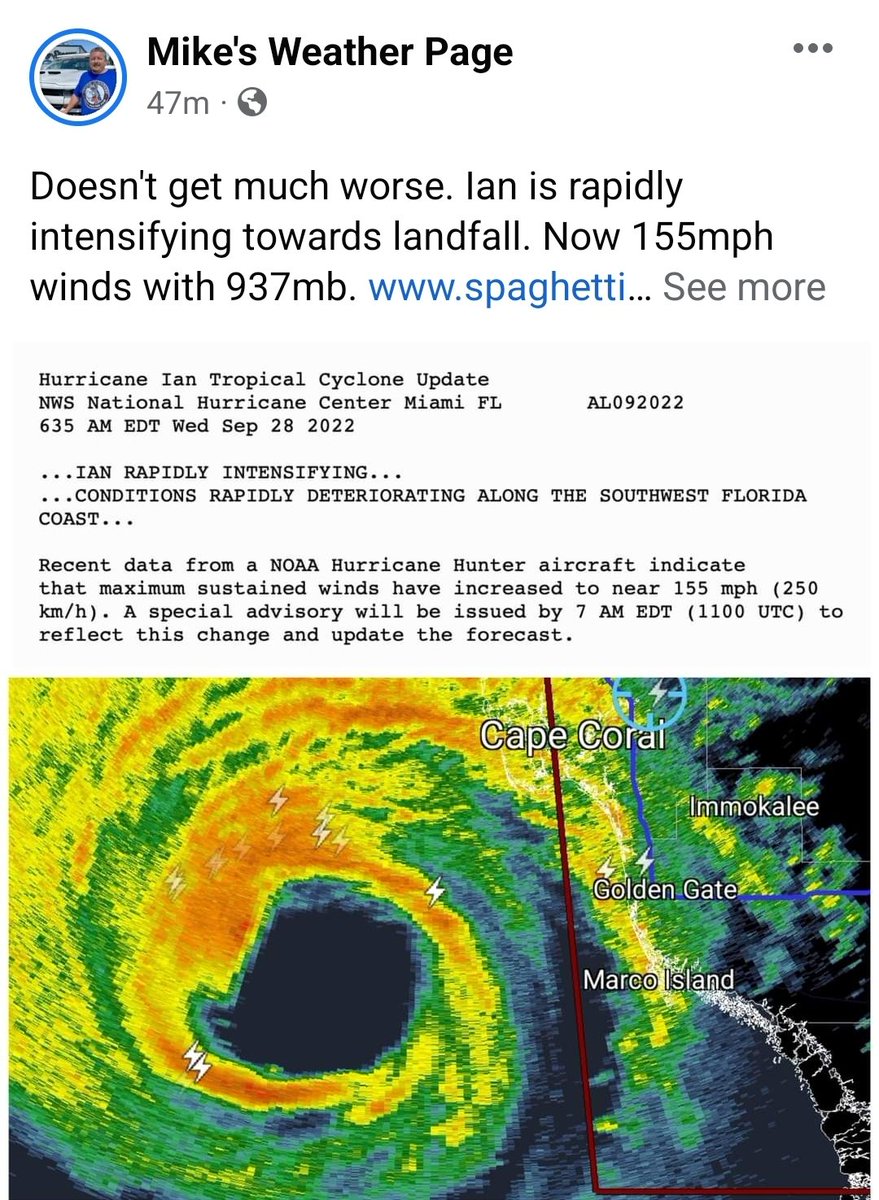 Buckeye_Ish's tweet photo. I don't post much BUT I'm asking for prayers for all of SW FL. I'm on the coast of Cape Coral. We decided to stay b/c it looked like it was going to hit Tampa. Now we r in a direct path of a CAT5 storm w/ possible 12-16' storm surge. This is going to be catastrophic! #safemoon https://t.co/svw6cWvgiT
