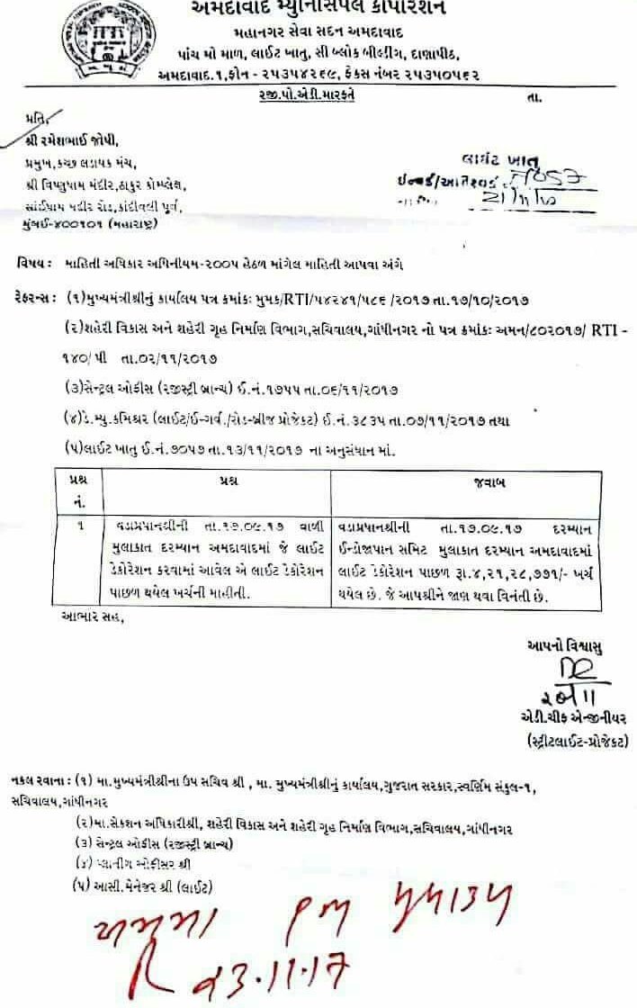 2017 માં એક RTI માં પૂછાયું હતું કે વડાપ્રધાન ની મુલાકાત દરમ્યાન AMC દ્વારા જે લઈટ ડેકોરેશન કરવામાં આવ્યું તે પાછળ કેટલો ખર્ચ થયેલ? 
જવાબ:  ૱ 4,21,28,771

આજ કાલ પ્રધાન મંત્રી ની ચૂંટણી લક્ષી મુલાકાતો ગુજરાત માં વધી ગયી છે, હવે તો બસો પણ લગાડી વિચારો TAX ના પૈસા ક્યાં વેડફાય છે?