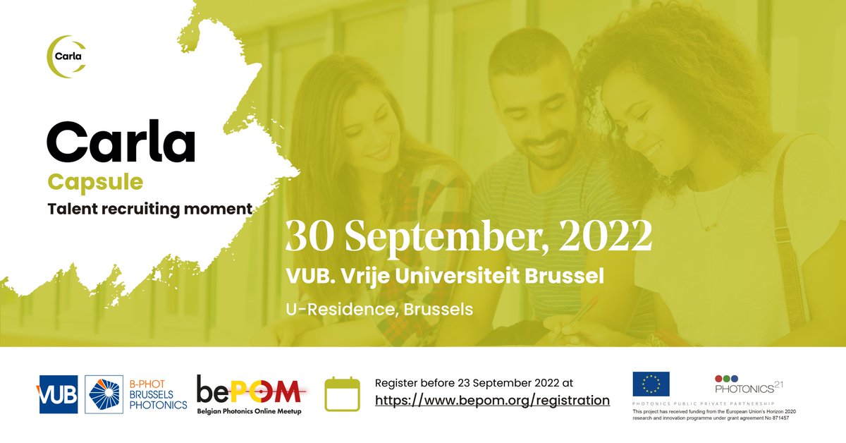 We are excited to be part of <a href="/bePhotonMeetup/">bePOM</a> and organize a #CARLACapsuleVUBBrussels within #bePOM2022- a Job fair focusing on Talent recruitment on 30 September 2022🎉
⌚️12:30 – 14:30 CET 
<a href="/ECOPalliance/">ECOP</a> <a href="/BPhotVub/">B-PHOT Brussels Photonics</a> <a href="/VUBrussel/">VUB</a> #carlaVUB
#carlahub  #photonics #careers #stem #bphot