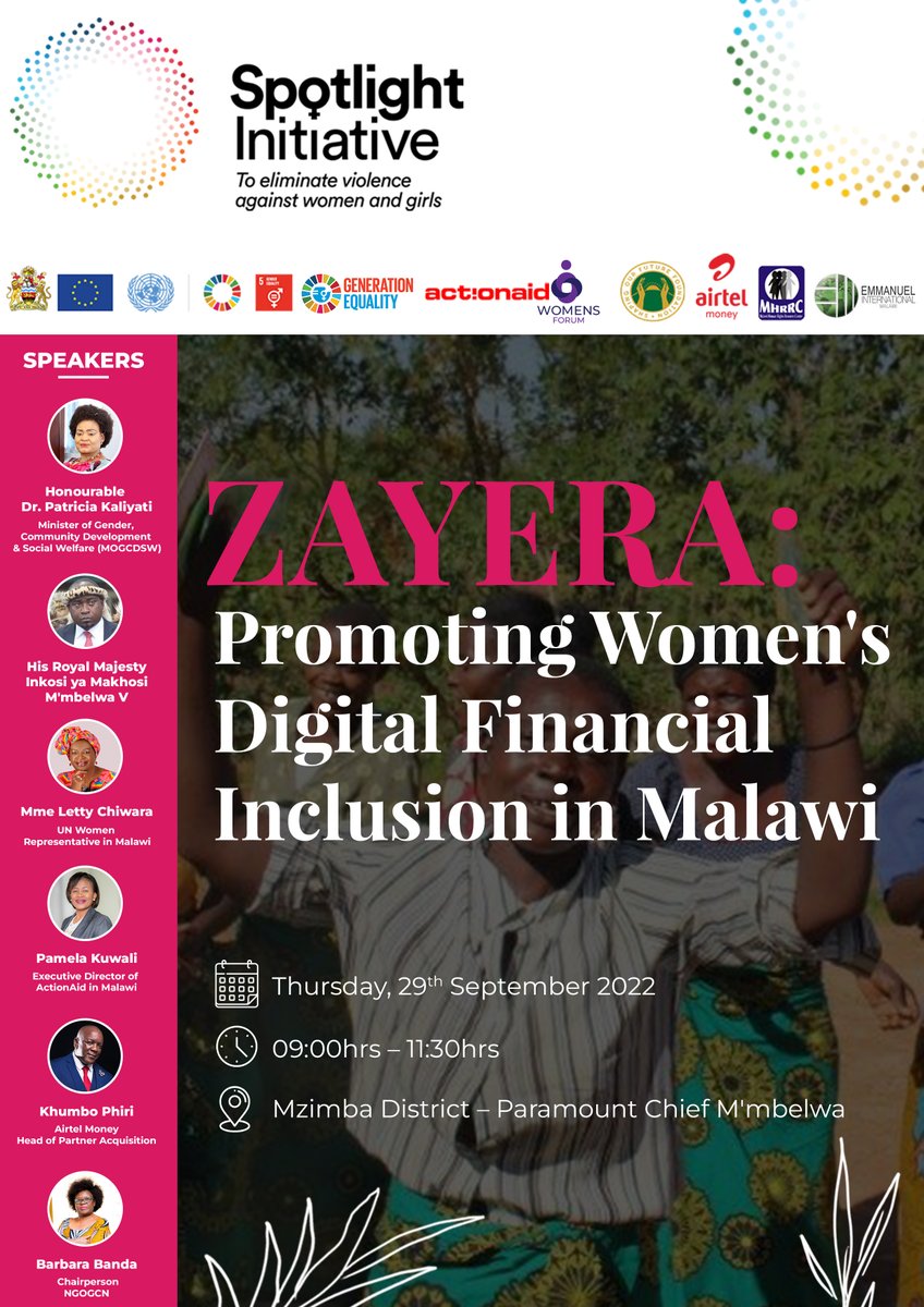 IDGGenEquality's tweet photo. Building on the @IDGGenEquality, the Women’s Movement, spearheaded by @ActionaidM & @MoGCDSW_Malawi in collaboration with Airtel Malawi with support from @GlobalSpotlight & @unwomenmalawi is launching the Women’s Financial Inclusion Campaign- Zayera!
#Zayera
#FinancialInclusion https://t.co/2WqEIOe72g