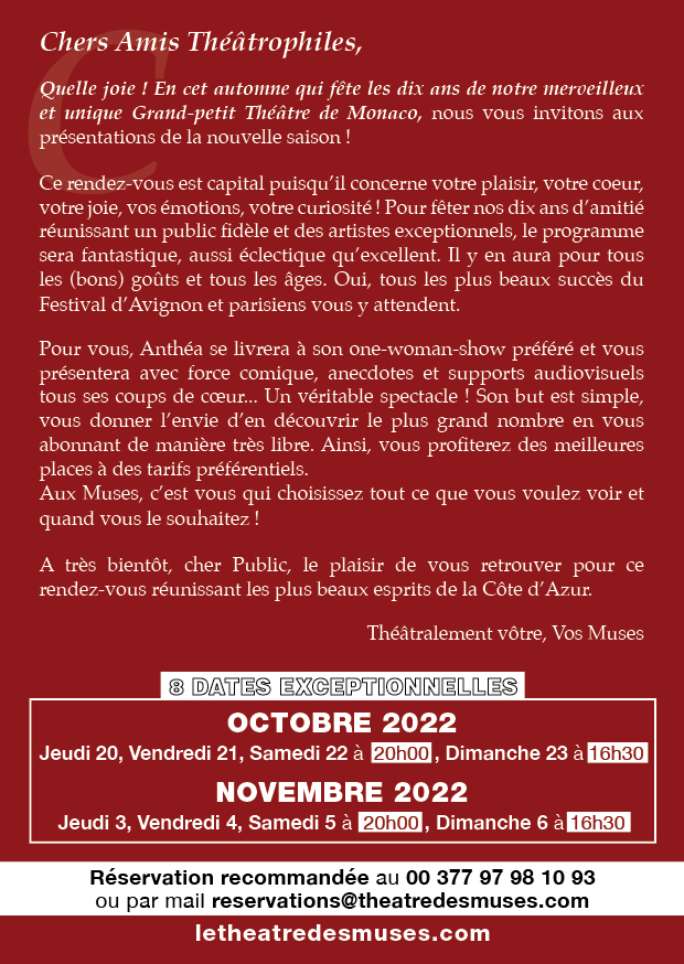 Lancement des présentations de saison 2022/2023 au <a href="/MusesLe/">Le Théâtre des Muses</a> ! Du 20 au 23/10 et du 03 au 06/11. En soirée à 20h et le dimanche à 16h30.
Reservations : my.weezevent.com/presentations-… / reservations@theatredesmuses.com
+377 97 98 10 93
