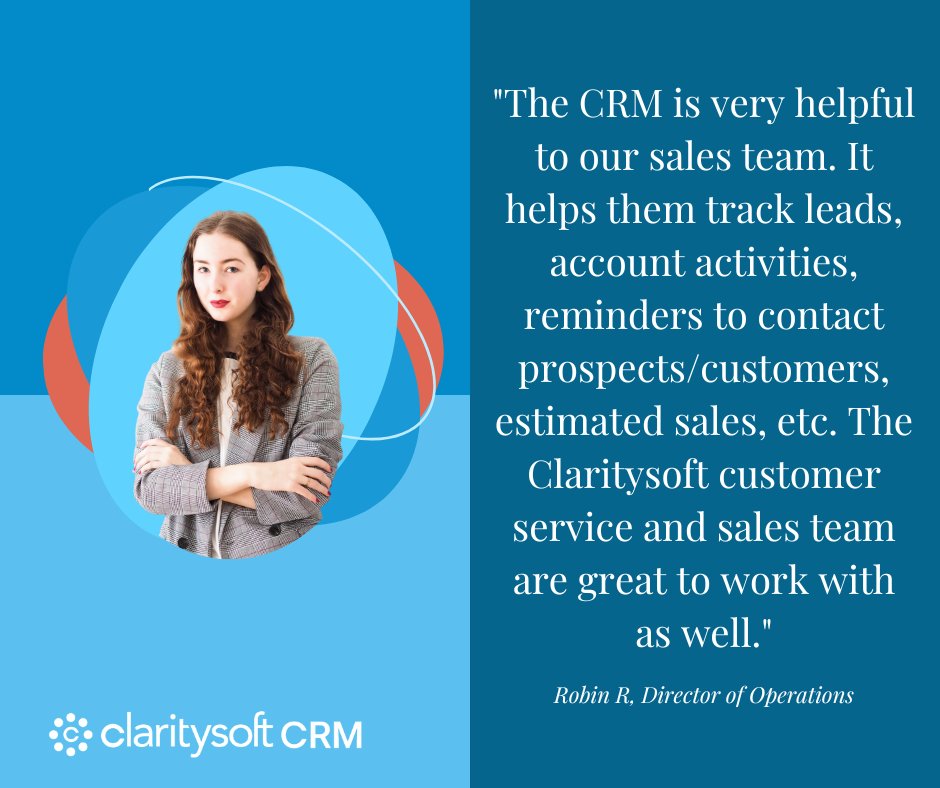 Claritysoft's tweet photo. “The CRM is very helpful to our sales team. It helps them track leads, account activities, reminders to contact prospects/ customers, estimated sales, etc. The Claritysoft customer service and sales team are great to work with as well.” – Robin R, Director of Operations

#crm https://t.co/w5qhuNAMT9